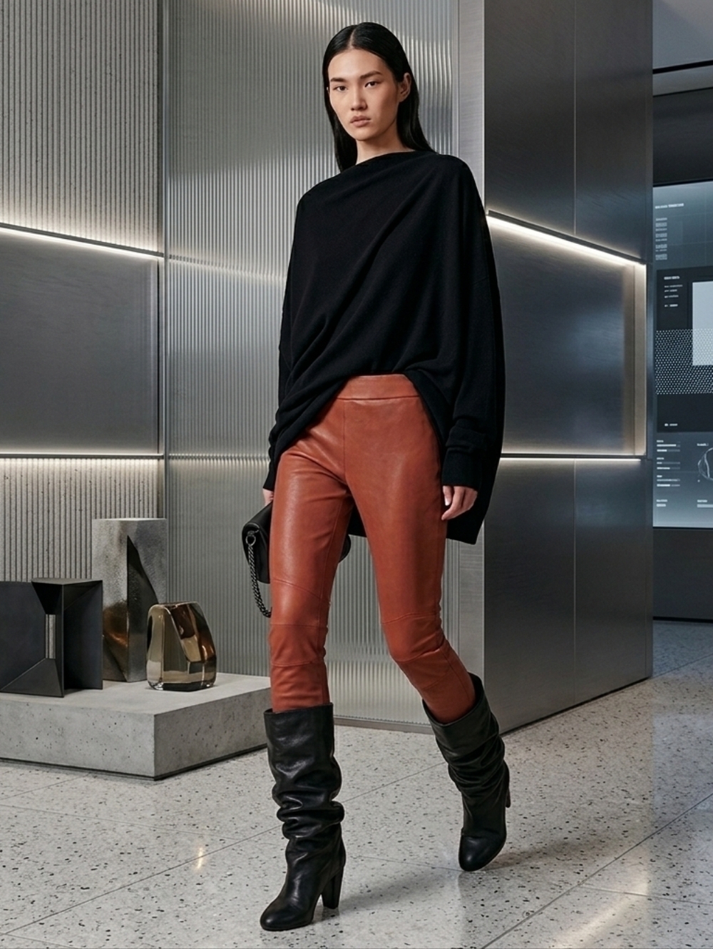 Haider Ackermann Leather Pants Skinny Leg Pull On Style Burnt Orange - Picture 2 of 16